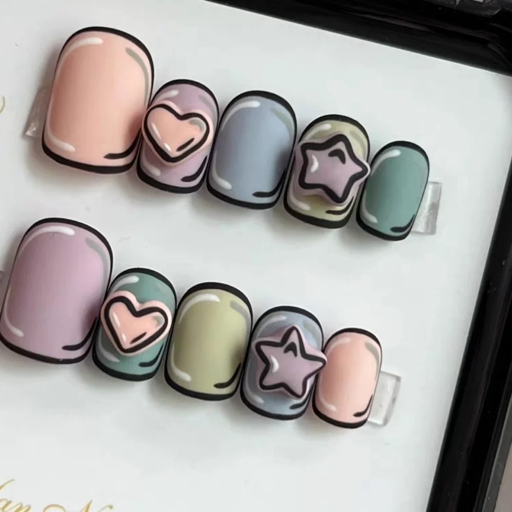 3D Pop Art Cartoon Press On Nails Kawaii Pastel Heart & Star Size Small